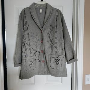 Gray Wool Blend Floral Embroidered Button Up Blazer Jacket